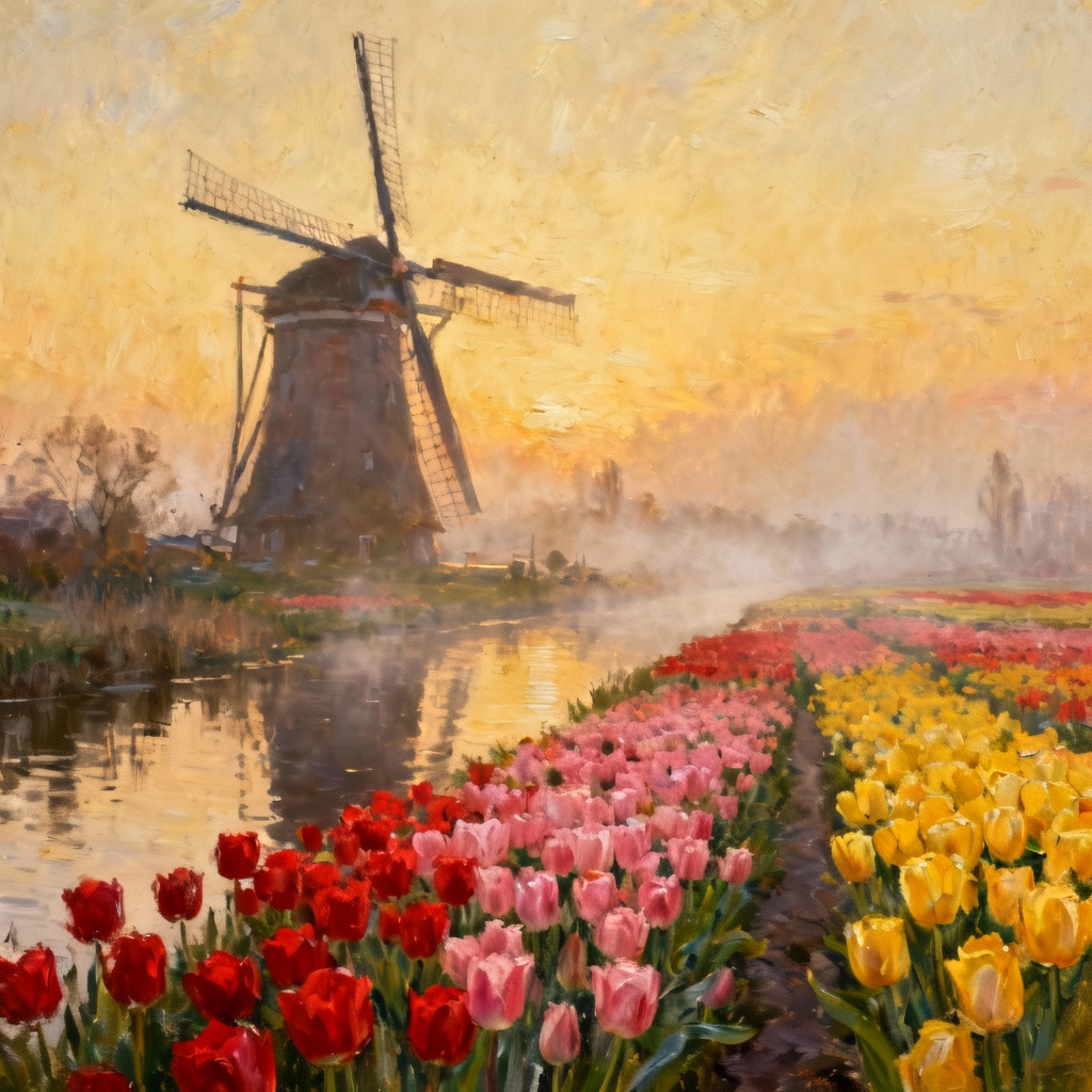 AI Dutch canal windmill scene at sunrise with tulips