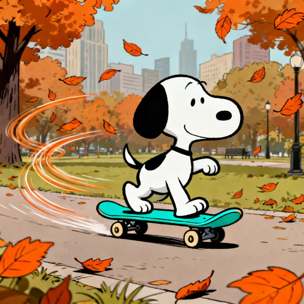 AI Snoopy style beagle skateboarding through autumn leaves