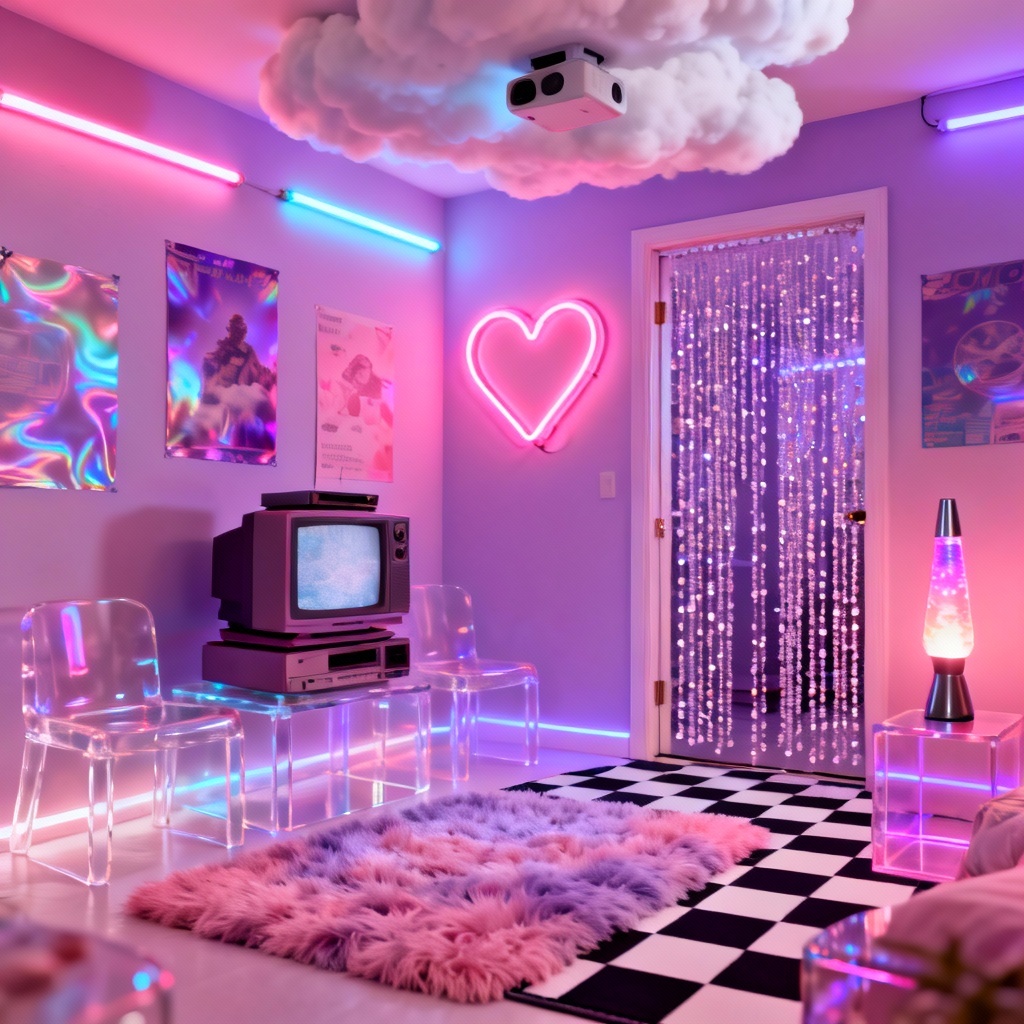 AI-generated vaporwave Y2K bedroom with neon lights and pastel decor