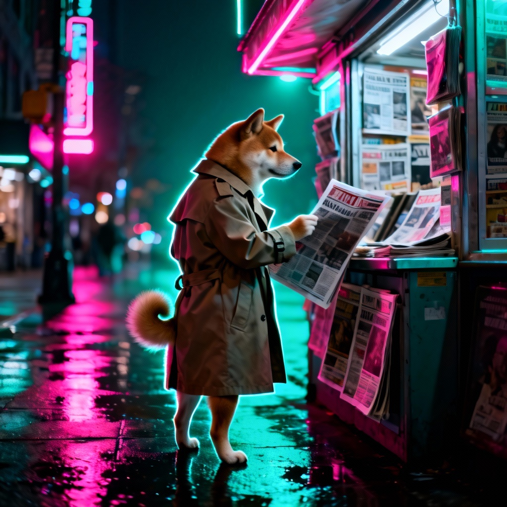 Shiba Inu at a rainy neon-lit newsstand reading headlines
