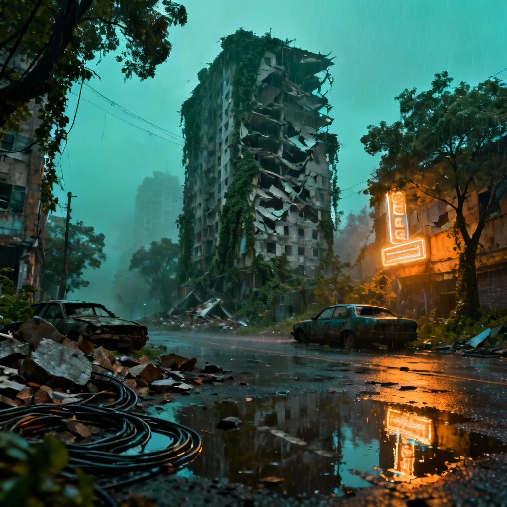 AI post apocalyptic overgrown city ruins