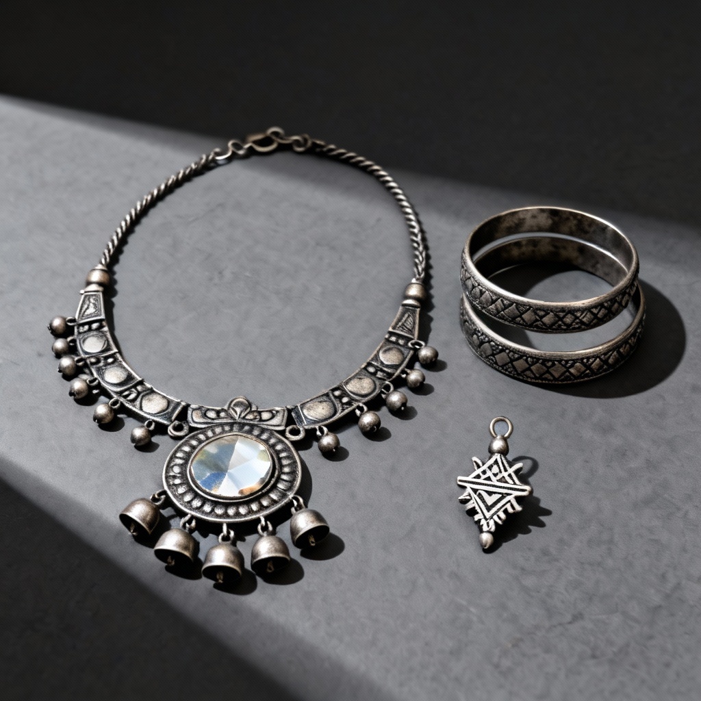 AI oxidized silver tribal jewelry set with mirror work and bangles