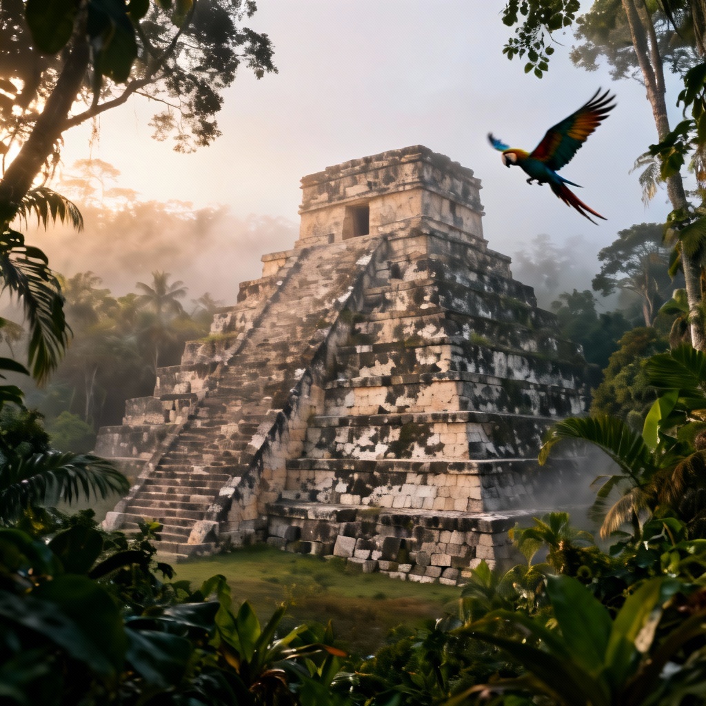 AI Mayan step pyramid in dense jungle with mist