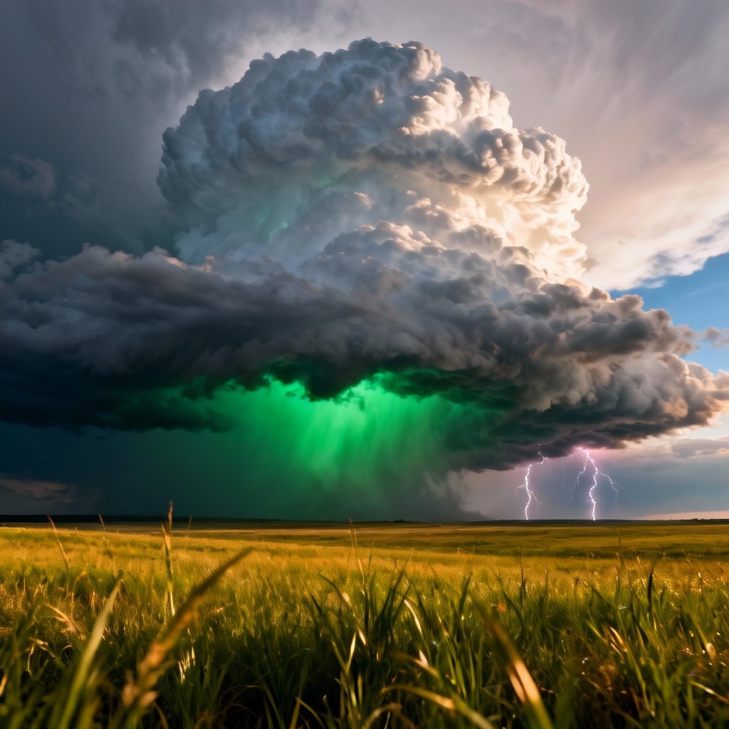 HDR storm cloud supercell over open prairie with lightning