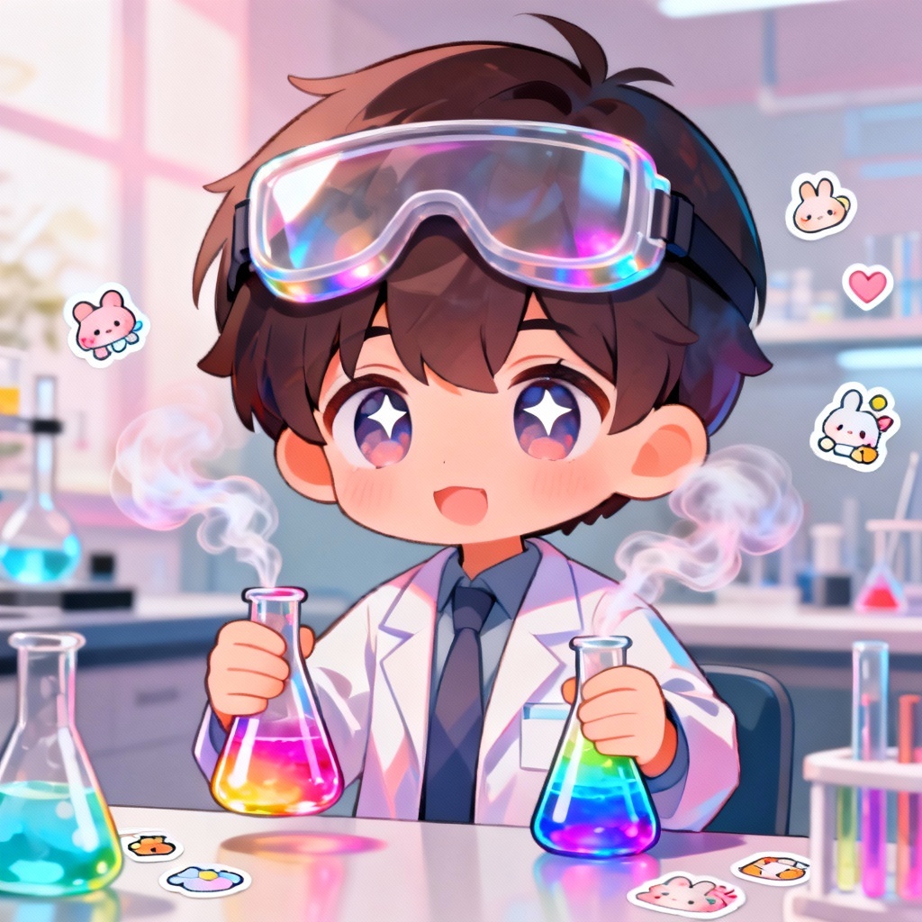 Kawaii chibi boy scientist with lab coat and beakers