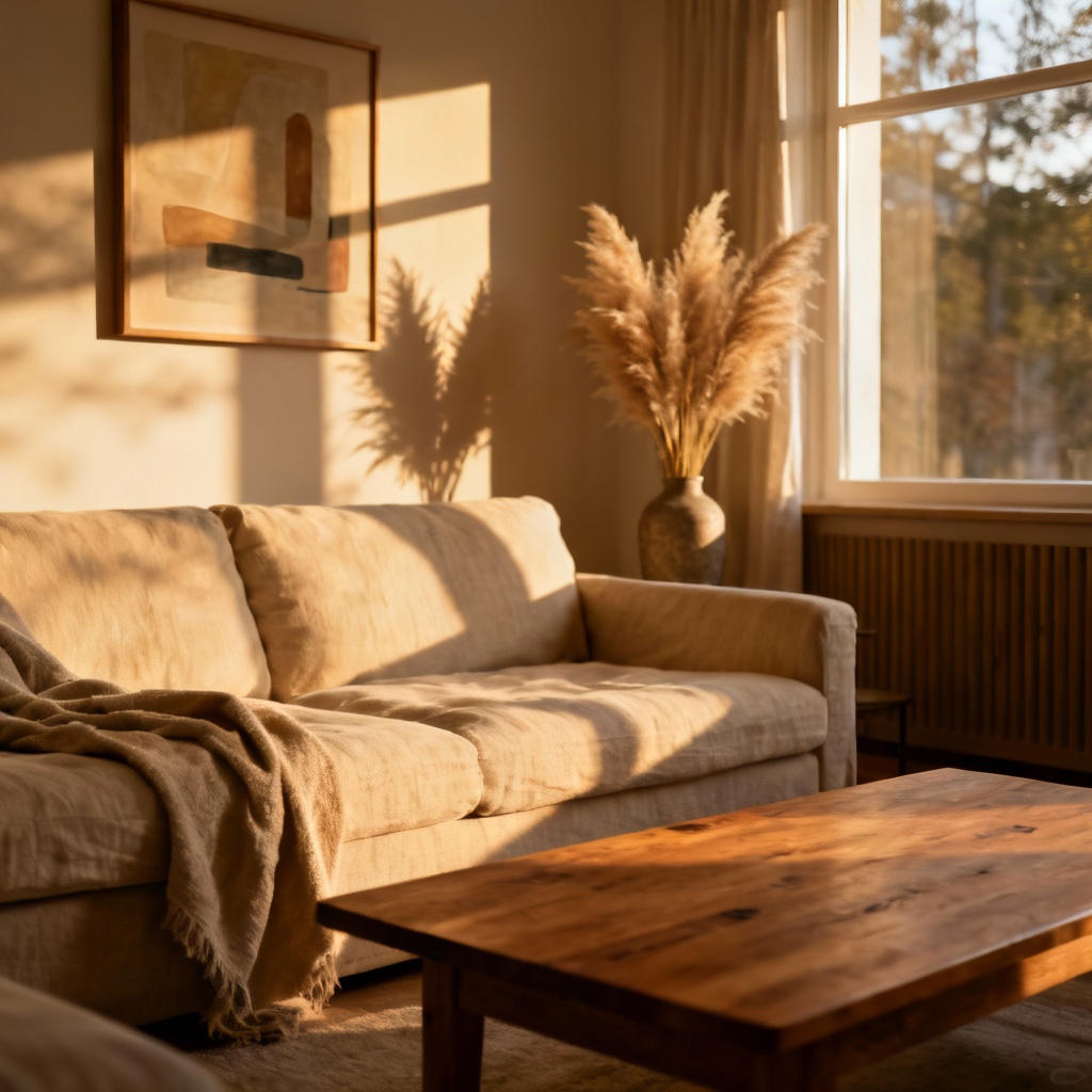 AI indoor photography of a cozy sunlit living room with soft shadows
