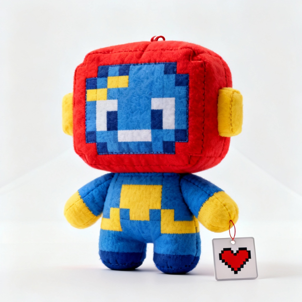 AI plush toy concept with retro pixel art style