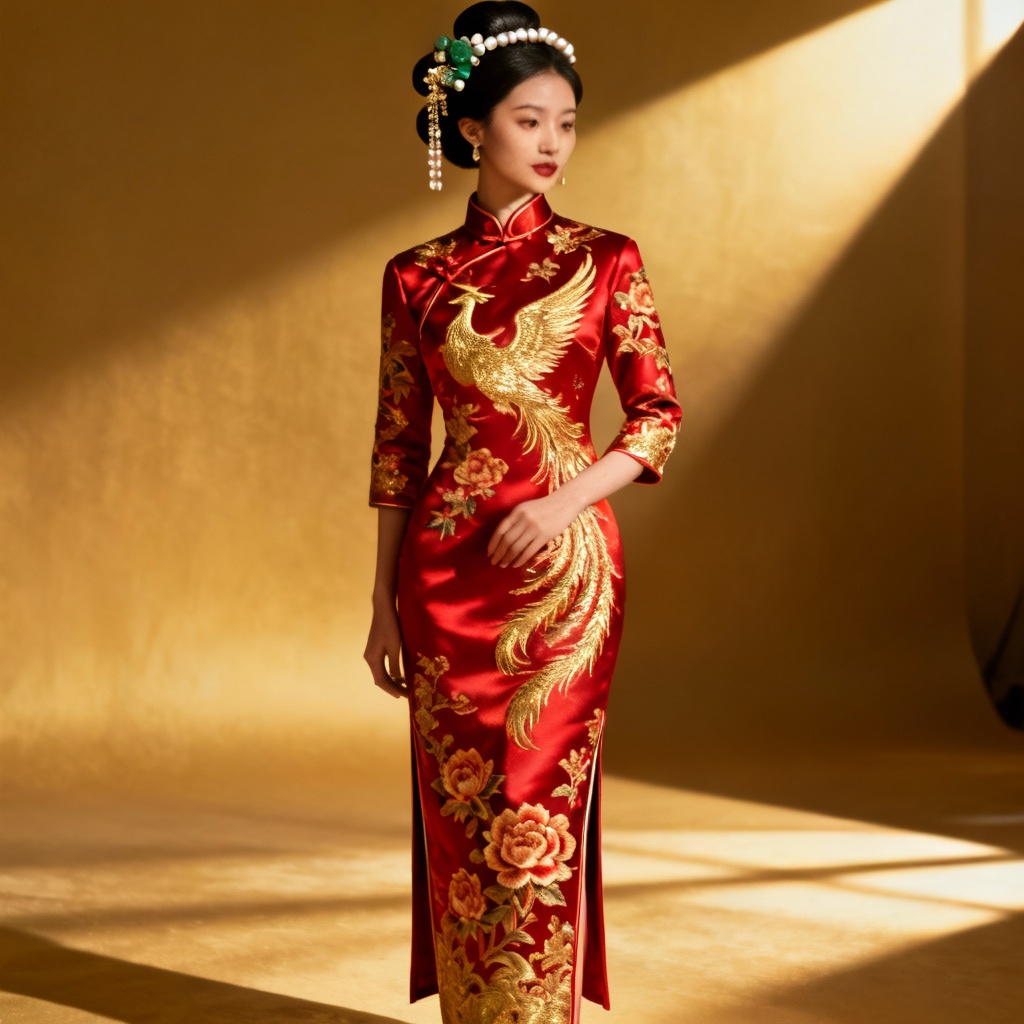 AI red and gold wedding cheongsam design