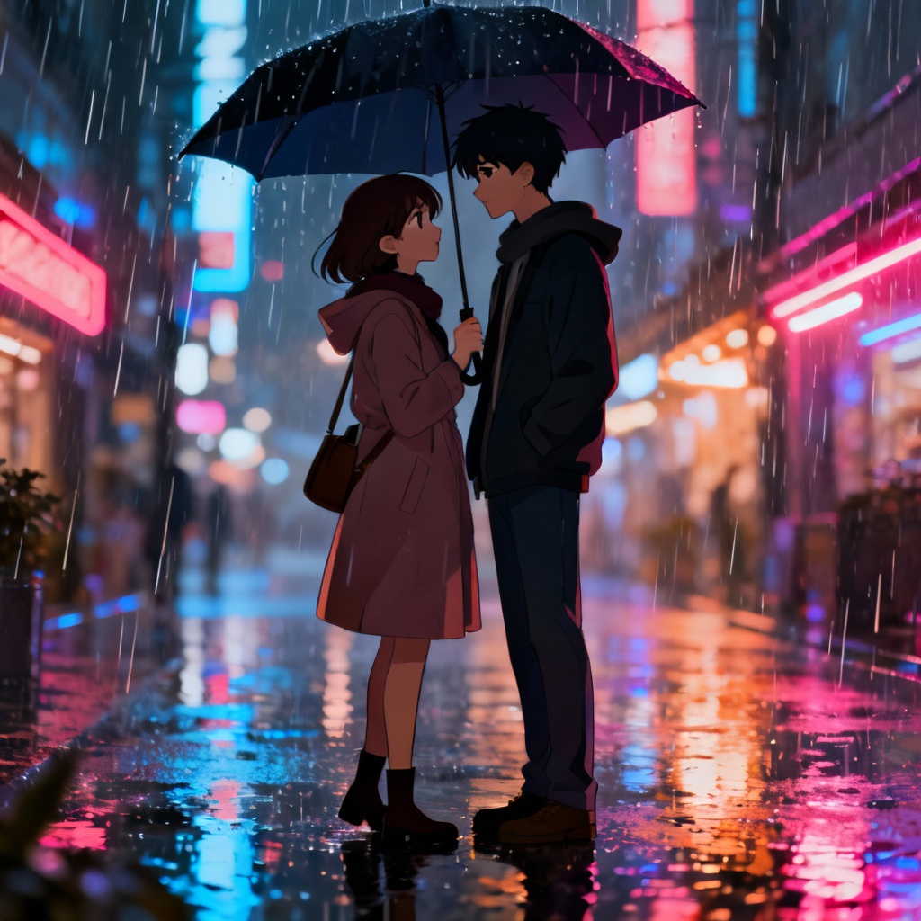 AI Anime Couple Rainy Umbrella Date