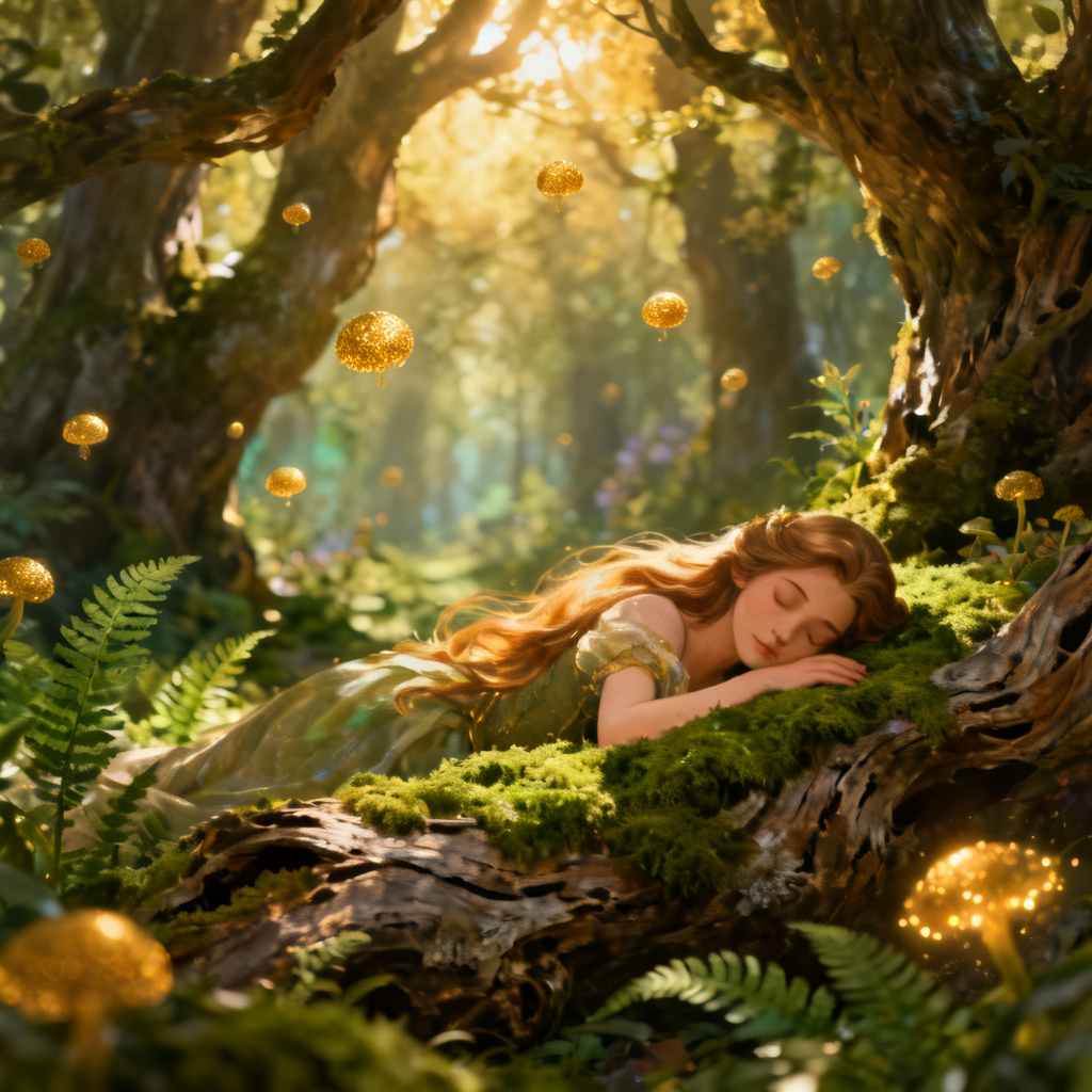 AI sleeping beauty in an enchanted forest with dappled light