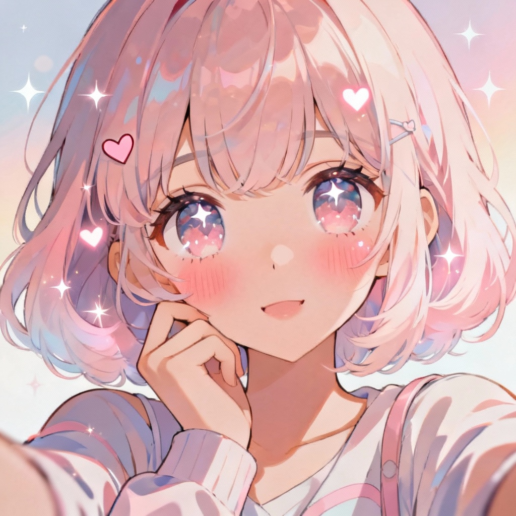 AI anime pastel girl selfie with sparkling eyes and cute pose