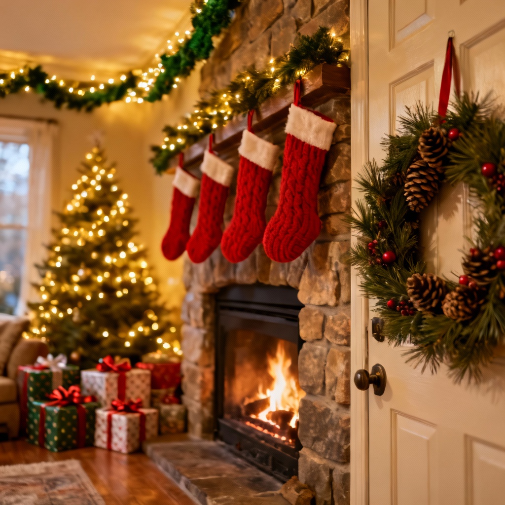 Cozy Christmas fireplace holiday background