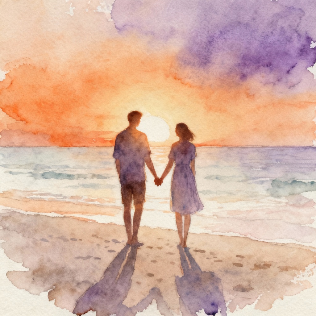 AI Watercolor Couple Sunset Silhouette