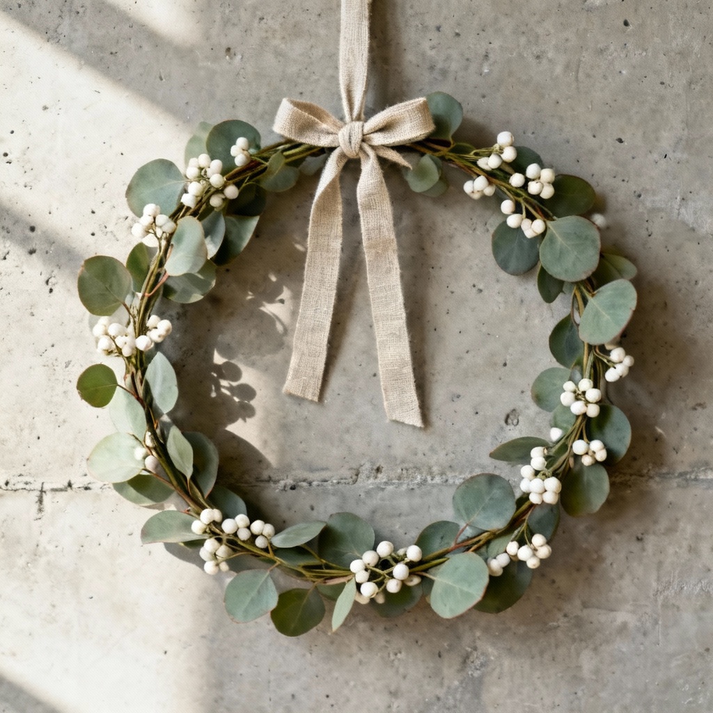 AI Nordic minimalist Christmas wreath with eucalyptus and white berries