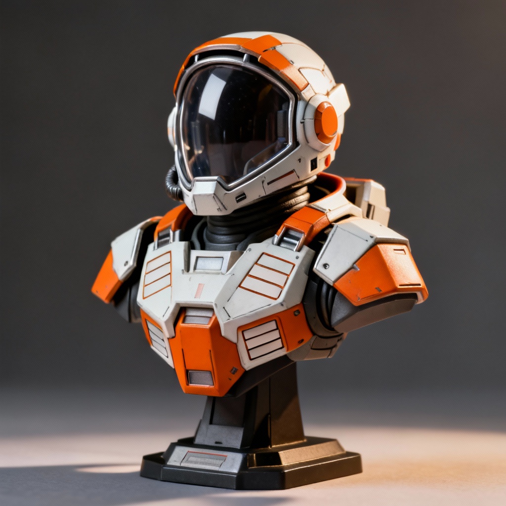 AI mecha pilot bust figurine on display stand