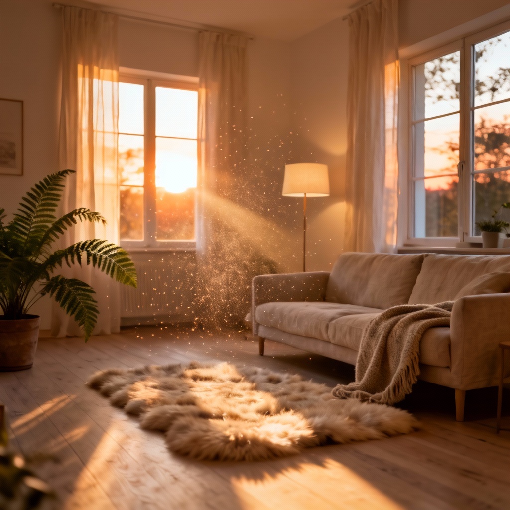 AI warm lighting applied to cozy living room