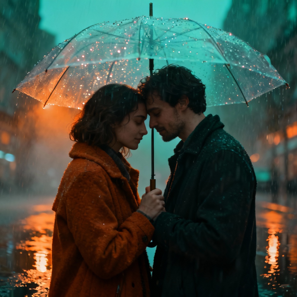 AI rainy city umbrella hug