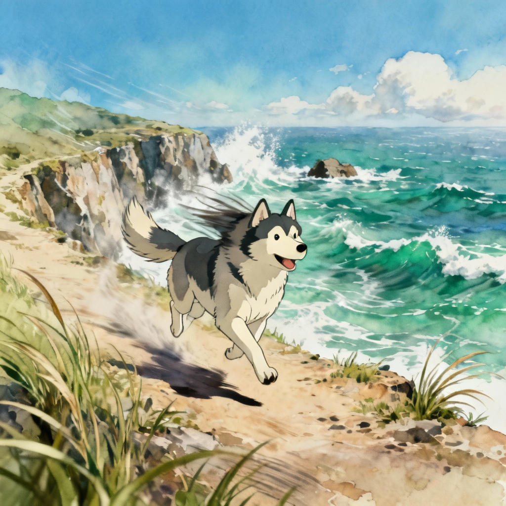 AI Ghibli-style husky running by coastal cliffs