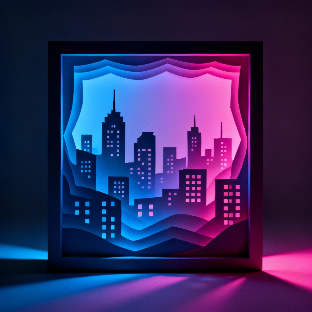 AI papercut city skyline in a layered shadow box