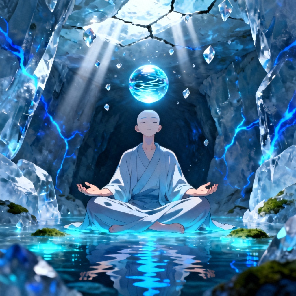 AI Katara Avatar meditating in ice cave