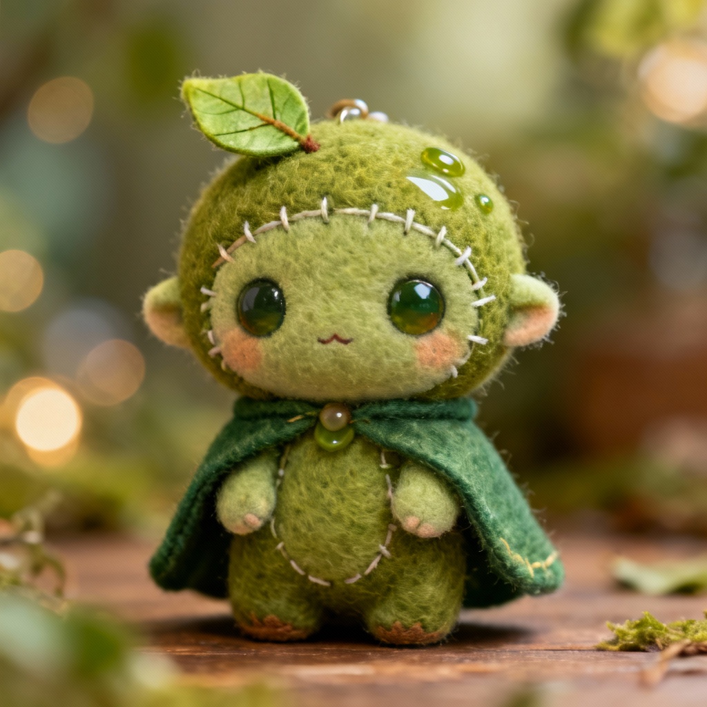Plush-vinyl hybrid toy character with leaf cape