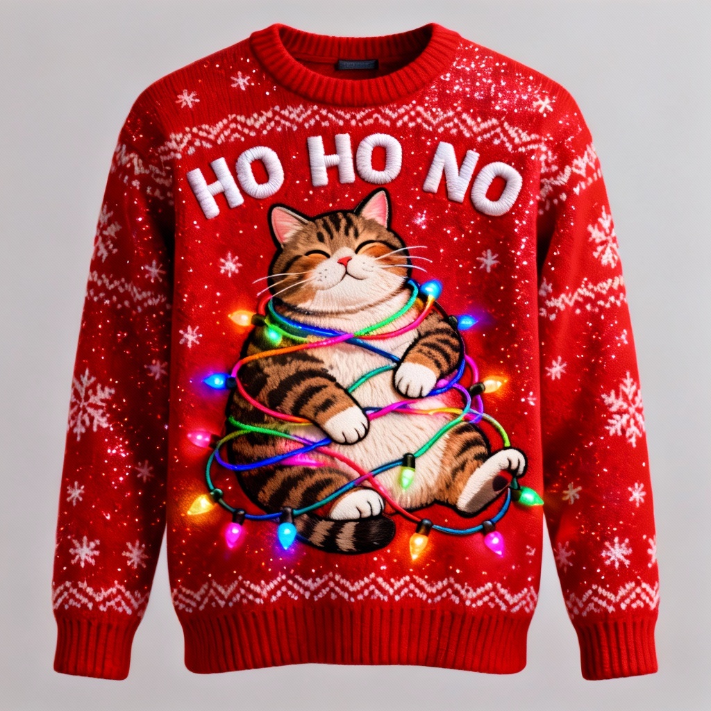 Over-the-top cat with lights ugly Christmas sweater