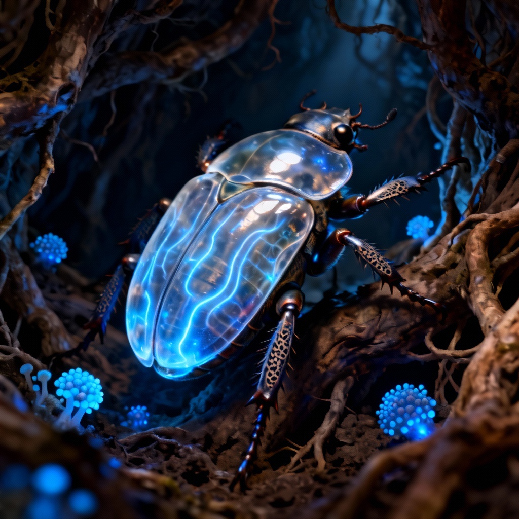 AI glowing carapace beetle in root cavern