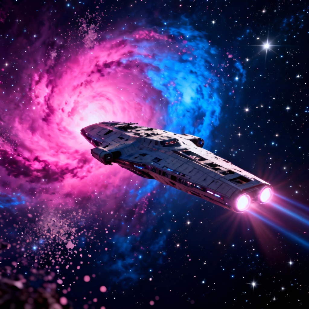 AI starship flying through a colorful nebula in deep space