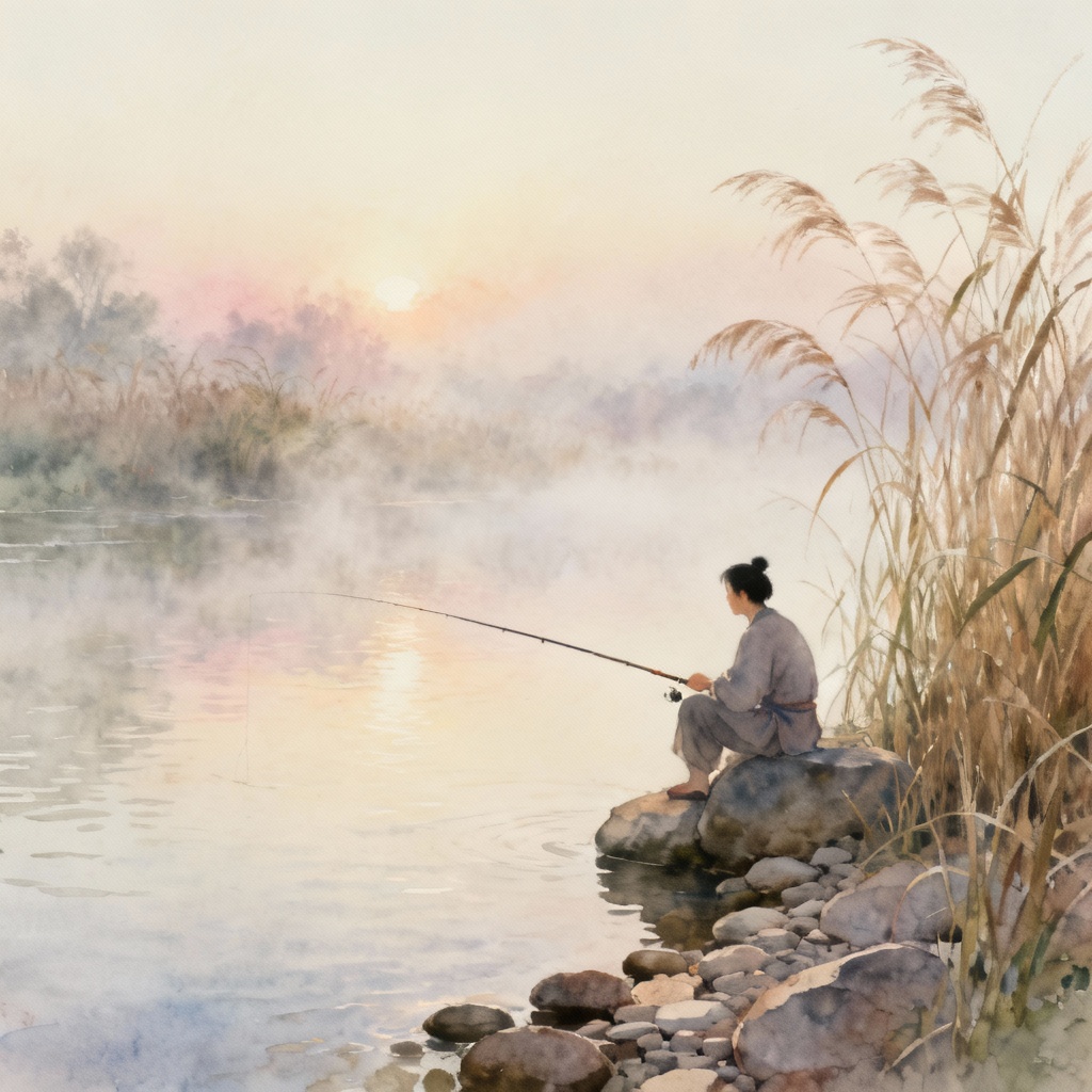 AI Jiang Ziya fishing by a tranquil riverbank