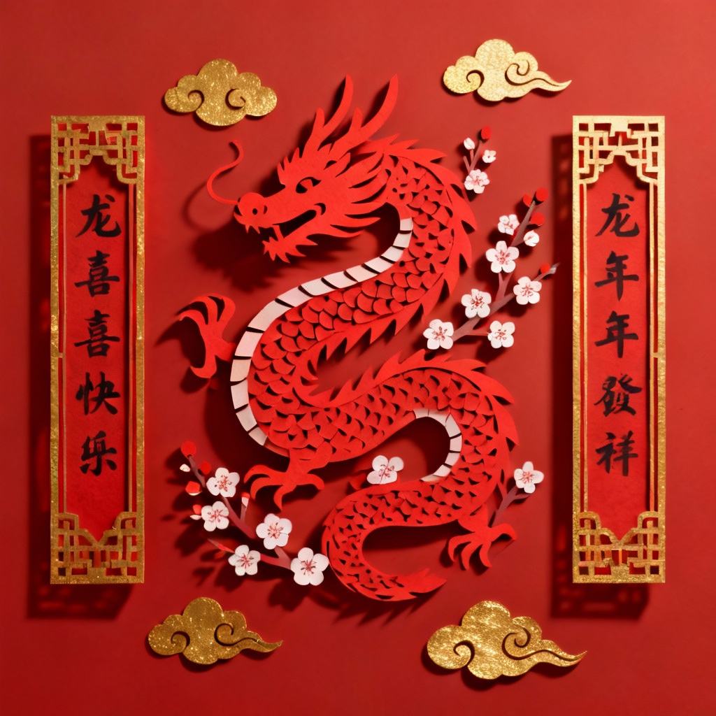 AI paper-cut Spring Festival poster with zodiac dragon