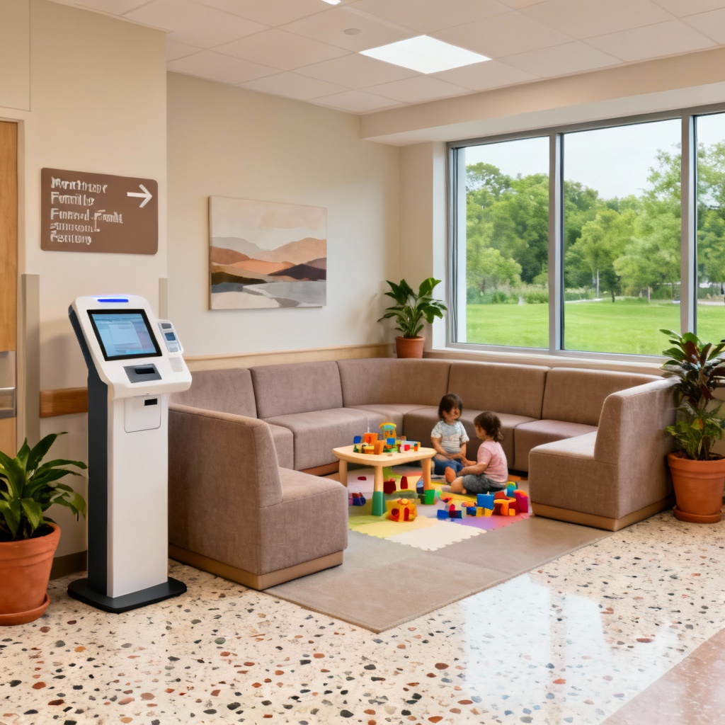 AI maternity lounge with play corner and comfy seating