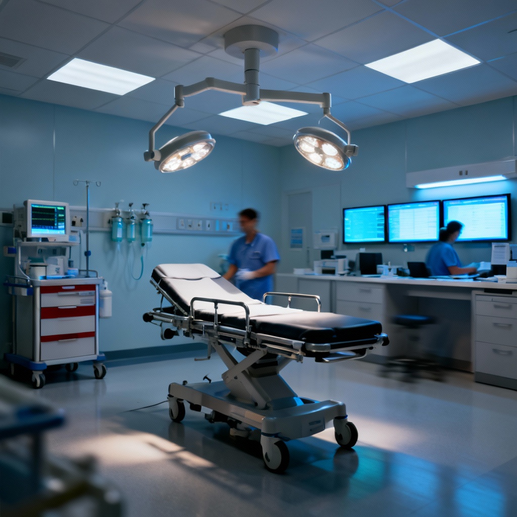 AI ER trauma bay with equipment and gurney