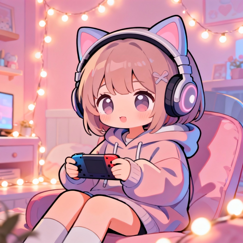 AI kawaii chibi anime girl gamer setup