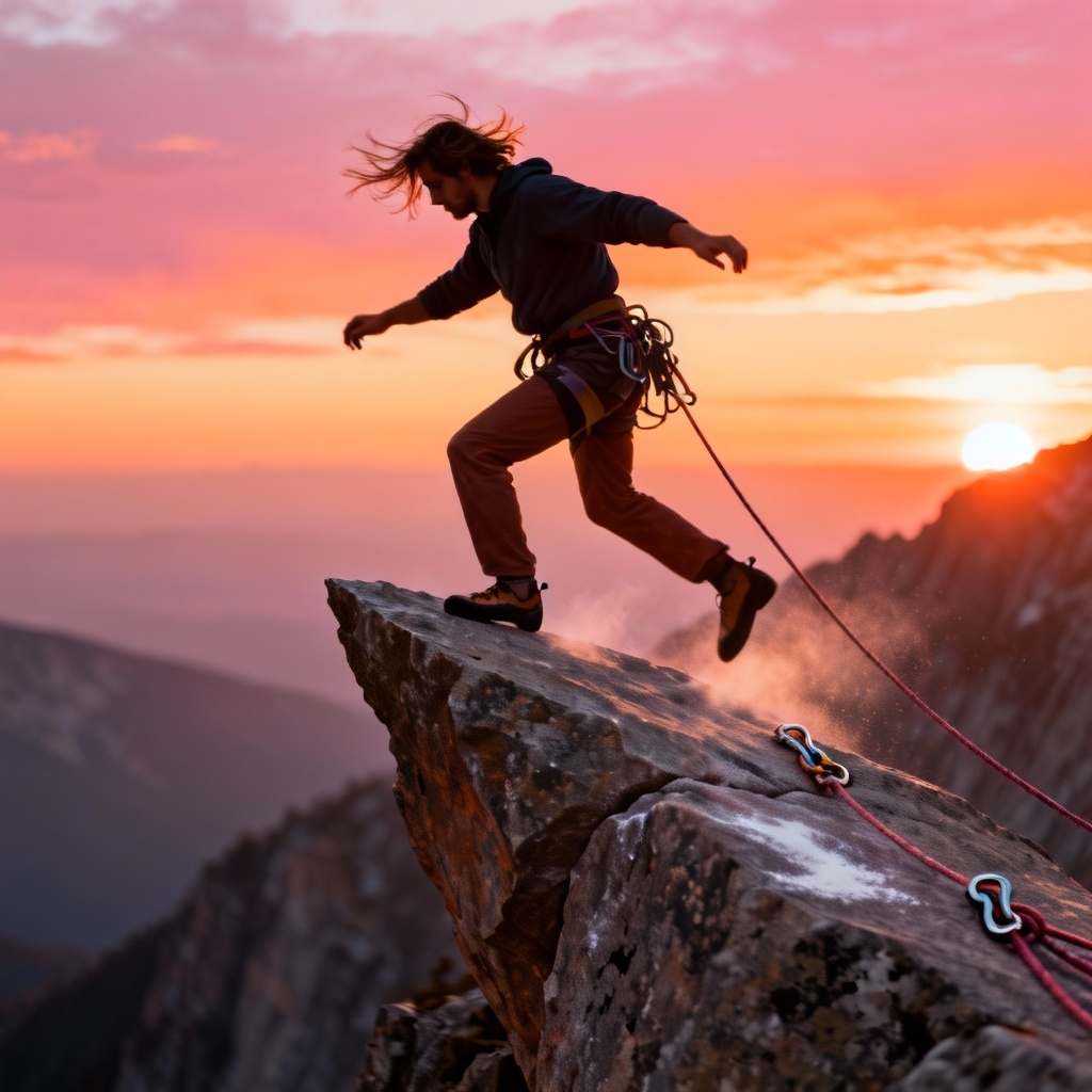 AI climber on a sunrise granite arete with rope and draws