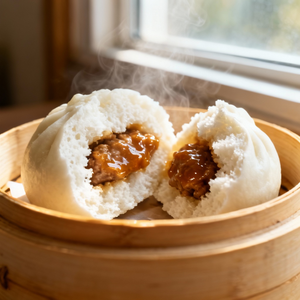 Photorealistic char siu bao closeup showing fluffy texture