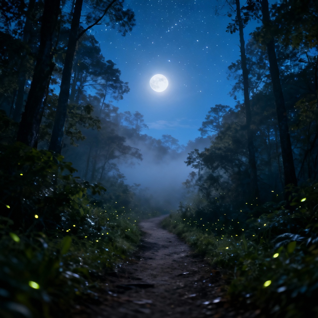 AI moonlit forest path with mist and fireflies
