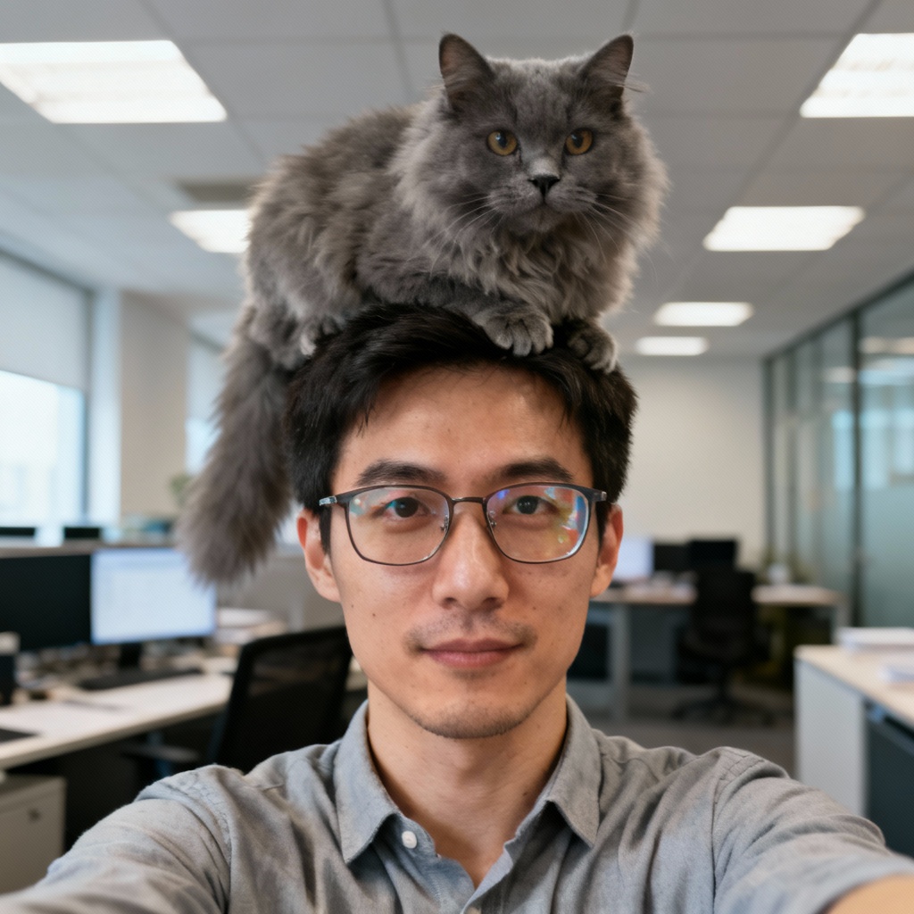 Realistic office selfie with cat on head