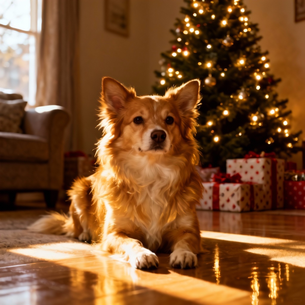 Pet photo with background changed to Christmas tree scene