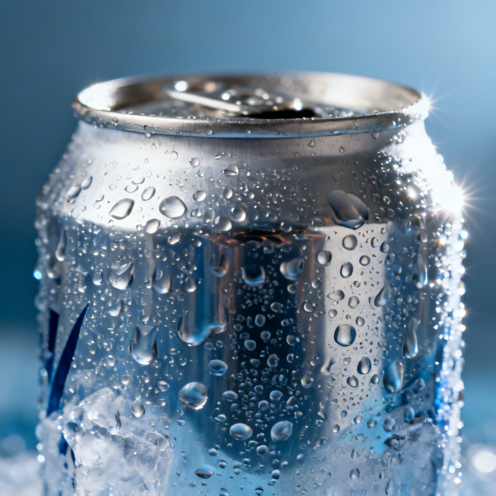 Macro beverage can covered in condensation droplets
