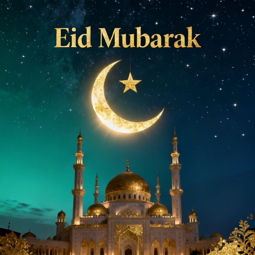 AI crescent moon mosque Lebaran poster