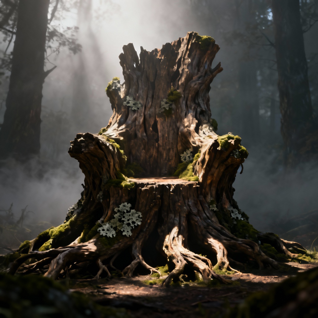 Cinematic concept art of a gnarled root throne grown from a tree stump