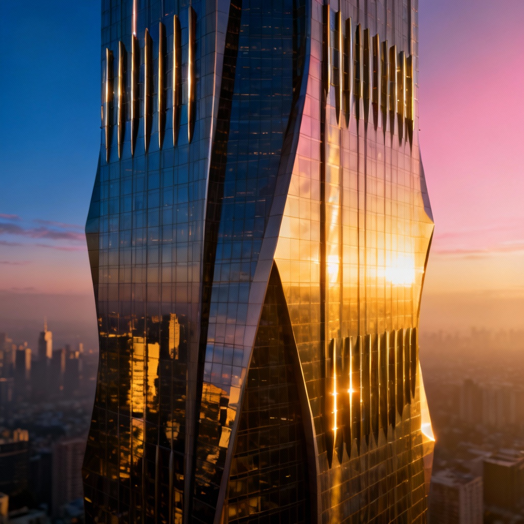 Neo-futurist glass spire skyscraper glowing in golden hour