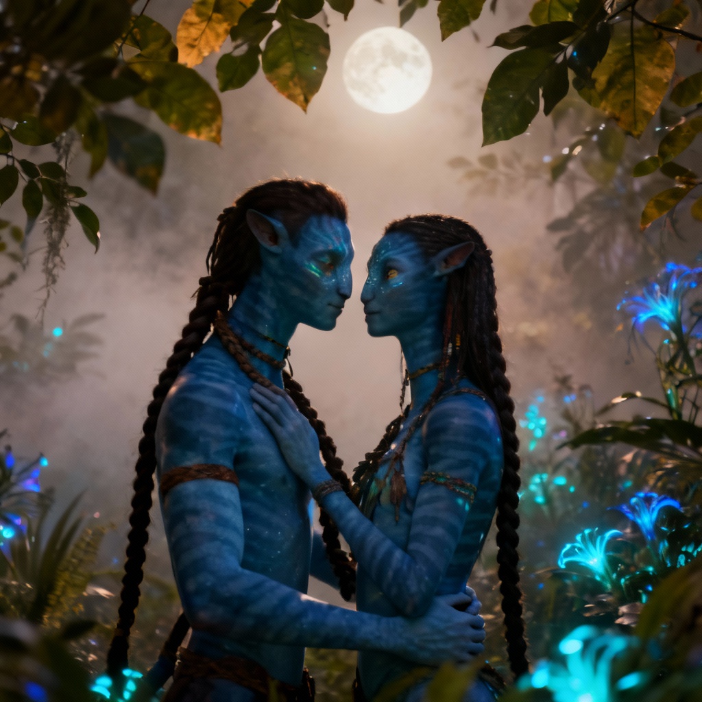 Avatar couple with intertwined braids under moonlight
