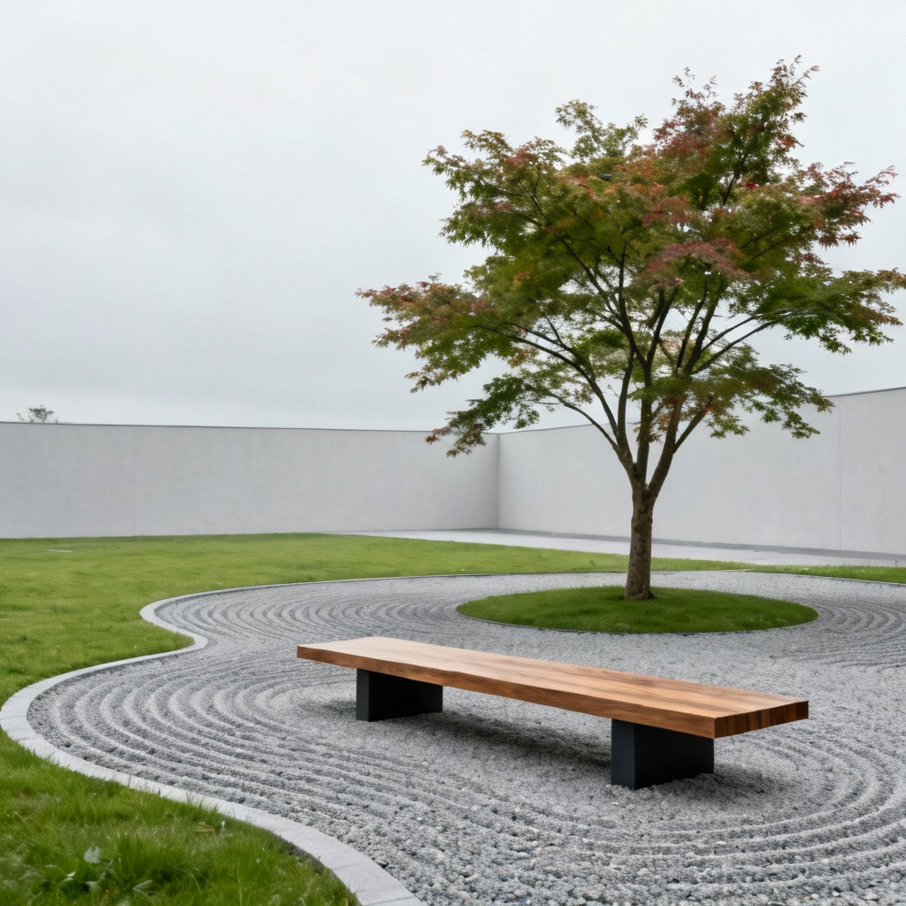 AI minimalist zen garden with a bench and raked gravel