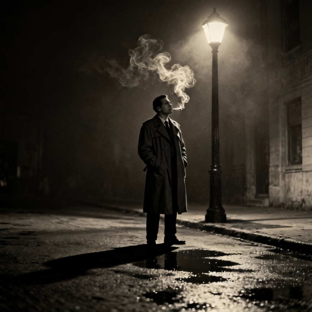 AI noir detective under a streetlamp at night