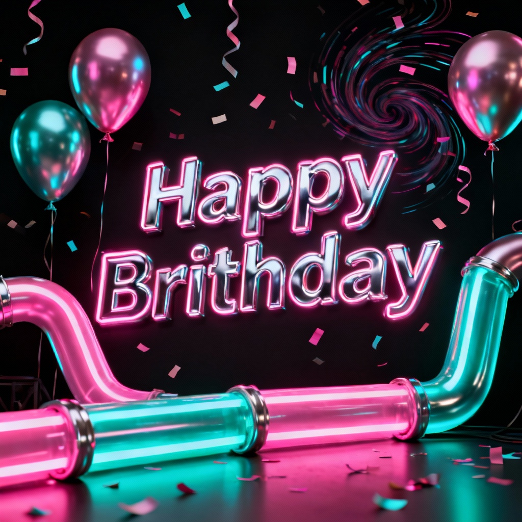 Neon glow happy brithday poster with balloons and confetti