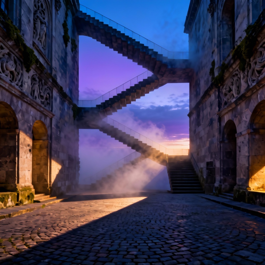AI surreal impossible staircase plaza at dusk
