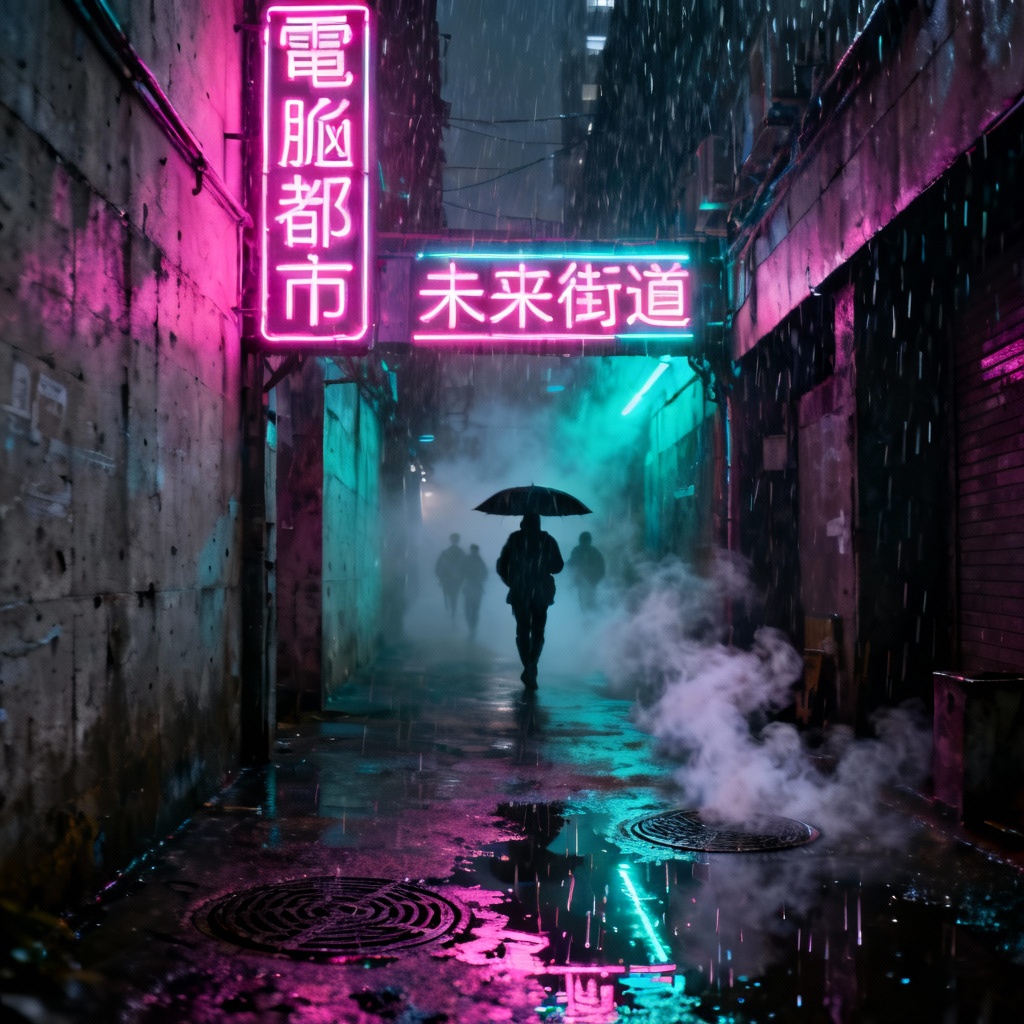 AI rainy cyberpunk alley with reflections