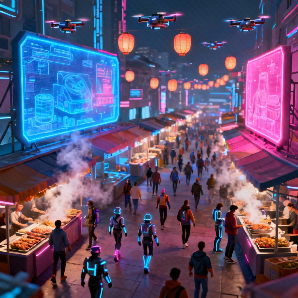 AI cyberpunk wallpaper hologram market street at night