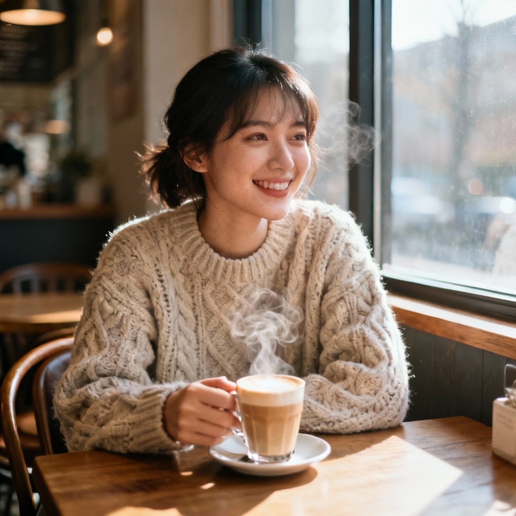 AI cozy cafe fake girlfriend with latte and warm lighting